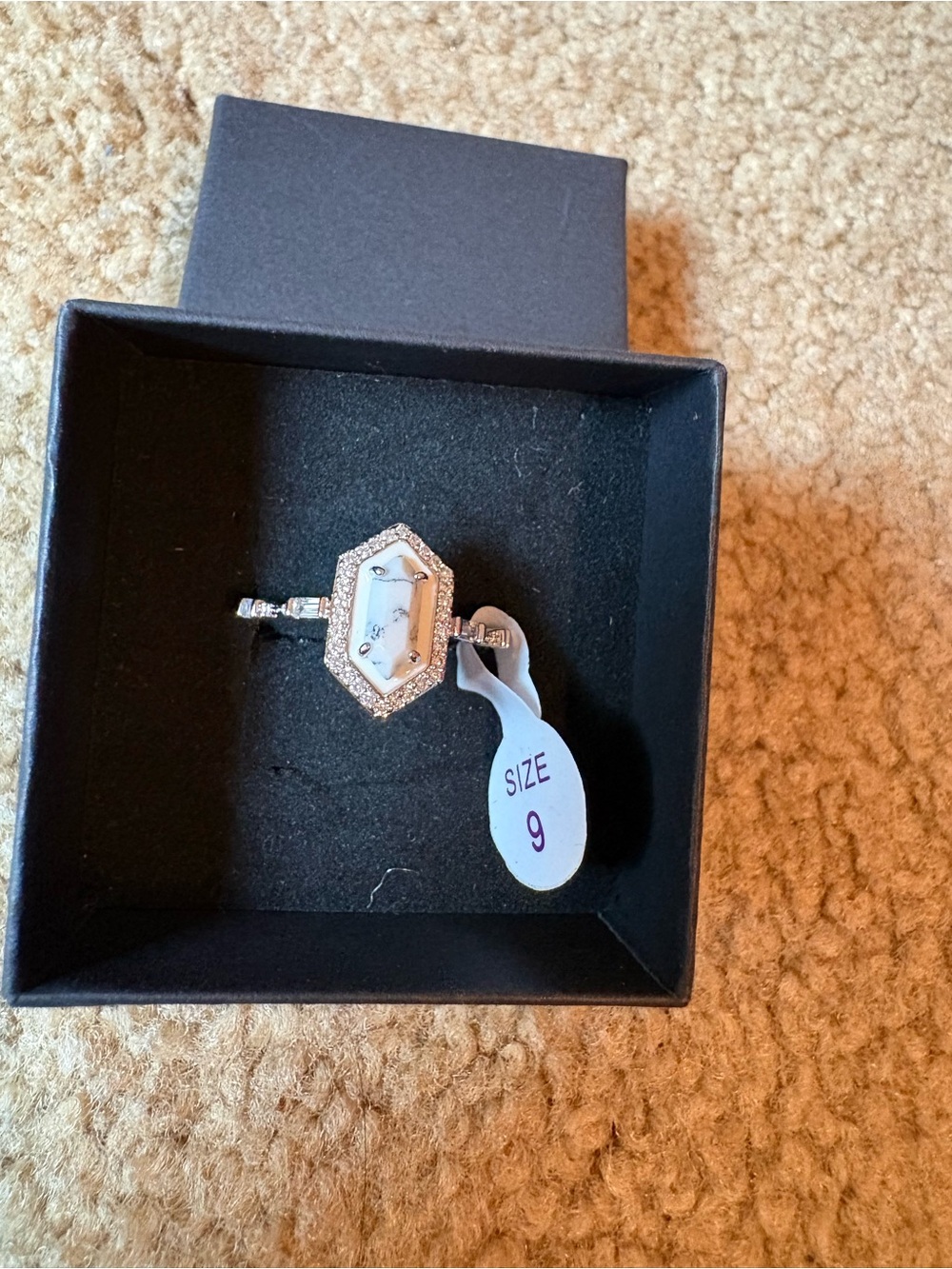 Sterling Silver Hexagon White Dial Ring with Crystal Halo - Size 9